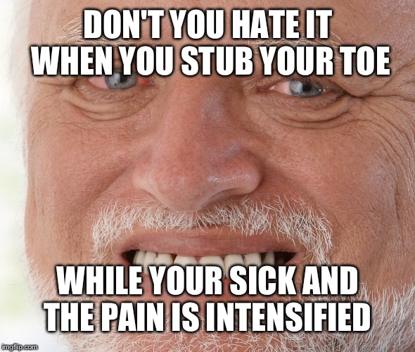 Hide the Pain Harold | DON'T YOU HATE IT WHEN YOU STUB YOUR TOE; WHILE YOUR SICK AND THE PAIN IS INTENSIFIED | image tagged in hide the pain harold | made w/ Imgflip meme maker