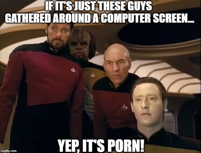 Just the Guys | IF IT'S JUST THESE GUYS GATHERED AROUND A COMPUTER SCREEN... YEP, IT'S PORN! | image tagged in data picard riker | made w/ Imgflip meme maker
