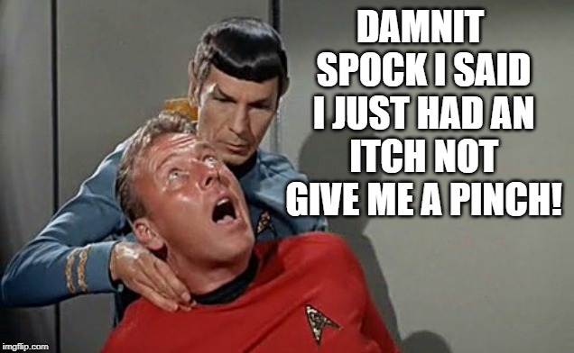 Itch!!! | DAMNIT SPOCK I SAID I JUST HAD AN ITCH NOT GIVE ME A PINCH! | image tagged in vulcan pinch | made w/ Imgflip meme maker