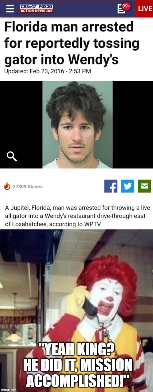 Florida Man Strikes Back | "YEAH KING? HE DID IT, MISSION ACCOMPLISHED!" | image tagged in ronald mcdonald temp | made w/ Imgflip meme maker