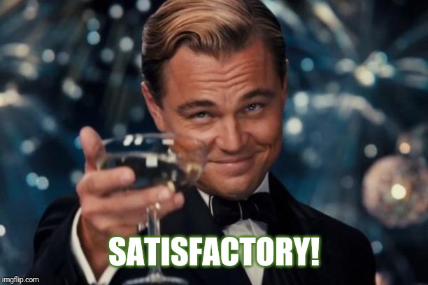 Leonardo Dicaprio Cheers Meme | SATISFACTORY! | image tagged in memes,leonardo dicaprio cheers | made w/ Imgflip meme maker