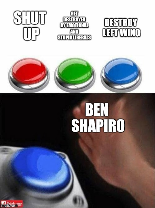 Three Buttons | GET DESTROYED BY EMOTIONAL AND STUPID LIBERALS; SHUT UP; DESTROY LEFT WING; BEN SHAPIRO | image tagged in three buttons | made w/ Imgflip meme maker