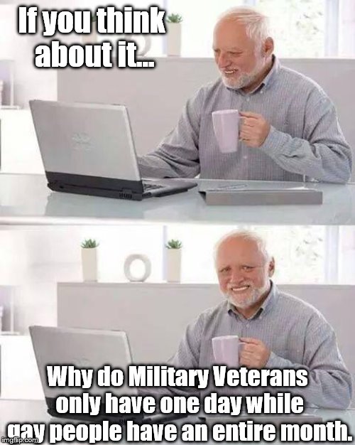 Pure Mental Thought | If you think about it... Why do Military Veterans only have one day while gay people have an entire month. | image tagged in memes,hide the pain harold | made w/ Imgflip meme maker