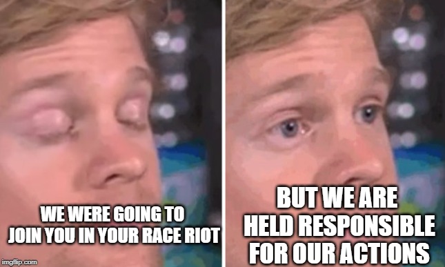 White guy blinking | WE WERE GOING TO JOIN YOU IN YOUR RACE RIOT BUT WE ARE HELD RESPONSIBLE FOR OUR ACTIONS | image tagged in white guy blinking | made w/ Imgflip meme maker