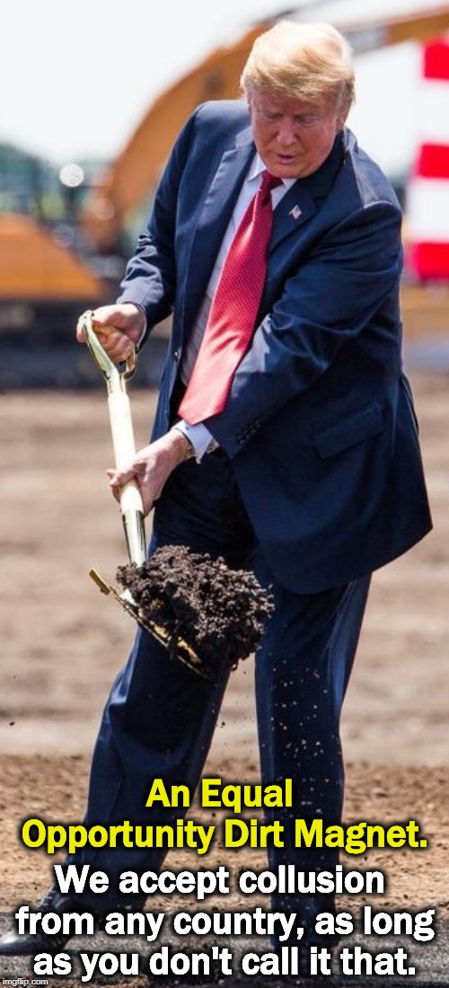 An Equal Opportunity Dirt Magnet. We accept collusion from any country, as long as you don't call it that. | image tagged in trump,dirt,collusion,enemy,election,biden | made w/ Imgflip meme maker