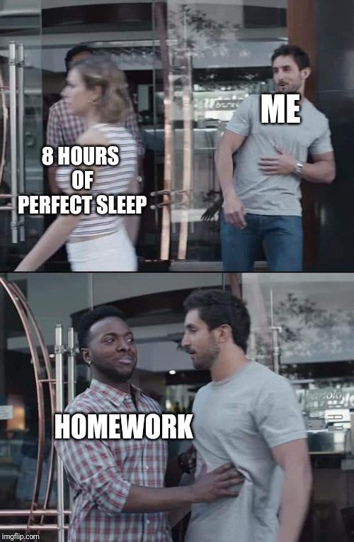 black guy stopping | ME; 8 HOURS OF PERFECT SLEEP; HOMEWORK | image tagged in black guy stopping | made w/ Imgflip meme maker