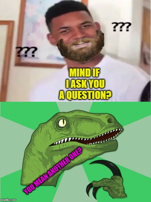 MIND IF I ASK YOU A QUESTION? YOU MEAN ANOTHER ONE? | image tagged in new philosoraptor | made w/ Imgflip meme maker