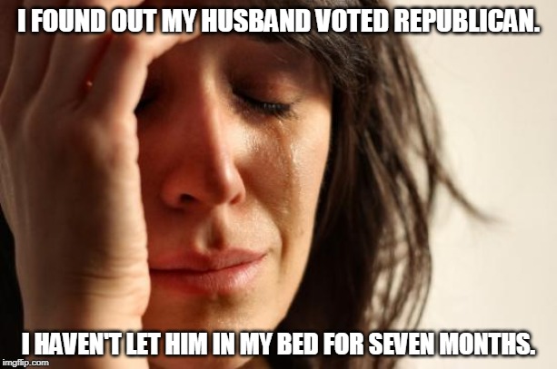 Not kidding. | I FOUND OUT MY HUSBAND VOTED REPUBLICAN. I HAVEN'T LET HIM IN MY BED FOR SEVEN MONTHS. | image tagged in memes,first world problems,republican,women | made w/ Imgflip meme maker