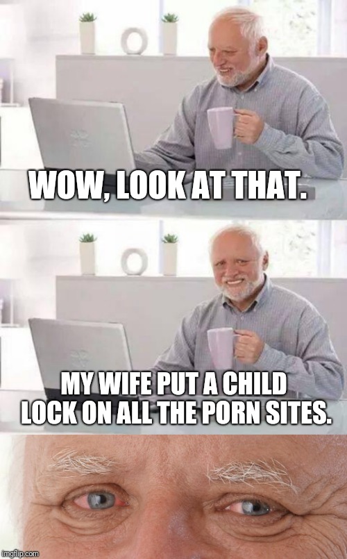 Blue Harold. HTPH week. | WOW, LOOK AT THAT. MY WIFE PUT A CHILD LOCK ON ALL THE PORN SITES. | image tagged in hide the pain harold,blue balls,sad,blocked,pained,funny memes | made w/ Imgflip meme maker