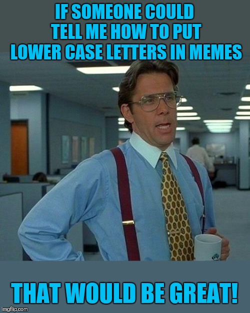 I use my phone for everything I do on imgflip... Maybe this isn't an option for phones? | IF SOMEONE COULD TELL ME HOW TO PUT LOWER CASE LETTERS IN MEMES; THAT WOULD BE GREAT! | image tagged in memes,that would be great,lower case letters,imgflip users,44colt | made w/ Imgflip meme maker