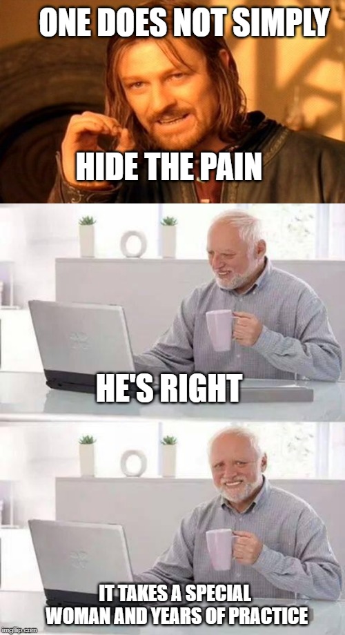 ONE DOES NOT SIMPLY; HIDE THE PAIN; HE'S RIGHT; IT TAKES A SPECIAL WOMAN AND YEARS OF PRACTICE | image tagged in memes,one does not simply,hide the pain harold | made w/ Imgflip meme maker