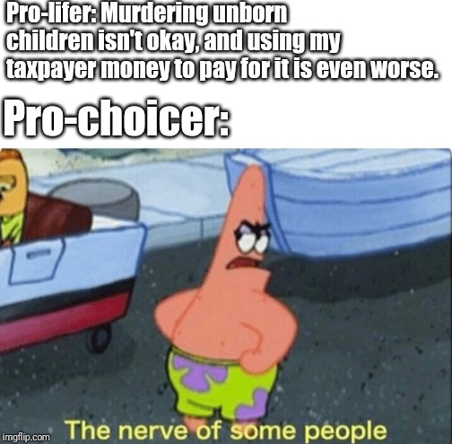 Patrick the nerve of some people | Pro-lifer: Murdering unborn children isn't okay, and using my taxpayer money to pay for it is even worse. Pro-choicer: | image tagged in patrick the nerve of some people | made w/ Imgflip meme maker