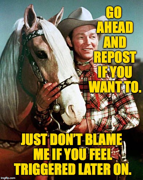 Trigger with Roy Rogers.  It's just a meme, pardners  ( : | GO AHEAD AND REPOST IF YOU WANT TO. JUST DON’T BLAME ME IF YOU FEEL TRIGGERED LATER ON. | image tagged in trigger with roy rogers,memes,triggered,repost | made w/ Imgflip meme maker