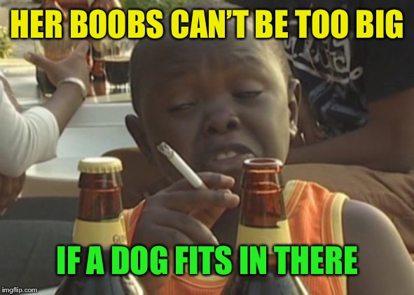 Smoking kid,,, | HER BOOBS CAN’T BE TOO BIG IF A DOG FITS IN THERE | image tagged in smoking kid | made w/ Imgflip meme maker