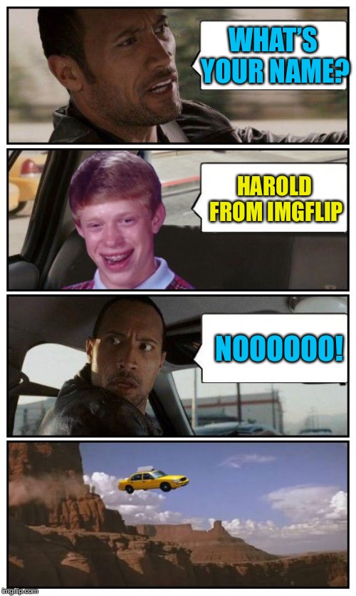 Bad Luck Brian Disaster Taxi runs over cliff | WHAT’S YOUR NAME? HAROLD FROM IMGFLIP NOOOOOO! | image tagged in bad luck brian disaster taxi runs over cliff | made w/ Imgflip meme maker