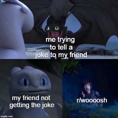 Toothless presents himself | me trying to tell a joke to my friend; r/woooosh; my friend not getting the joke | image tagged in toothless presents himself | made w/ Imgflip meme maker