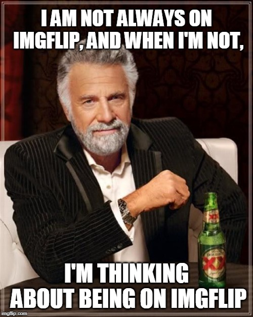 The Most Interesting Man In The World | I AM NOT ALWAYS ON IMGFLIP, AND WHEN I'M NOT, I'M THINKING ABOUT BEING ON IMGFLIP | image tagged in memes,the most interesting man in the world | made w/ Imgflip meme maker