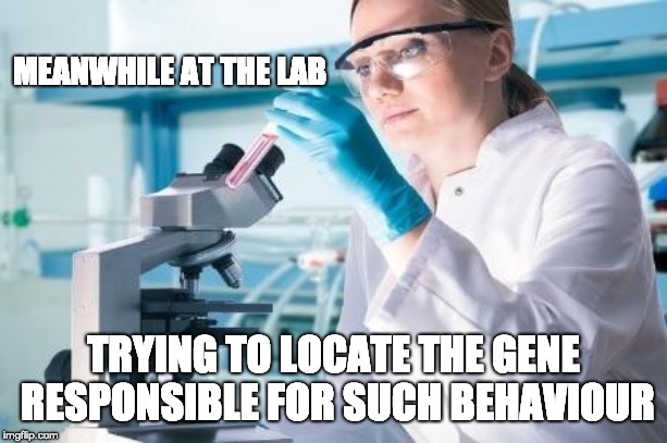 Scientist Researcher | MEANWHILE AT THE LAB; TRYING TO LOCATE THE GENE RESPONSIBLE FOR SUCH BEHAVIOUR | image tagged in scientist researcher | made w/ Imgflip meme maker