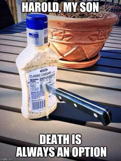 Caesar Dressing Stabbed | HAROLD, MY SON DEATH IS ALWAYS AN OPTION | image tagged in caesar dressing stabbed | made w/ Imgflip meme maker