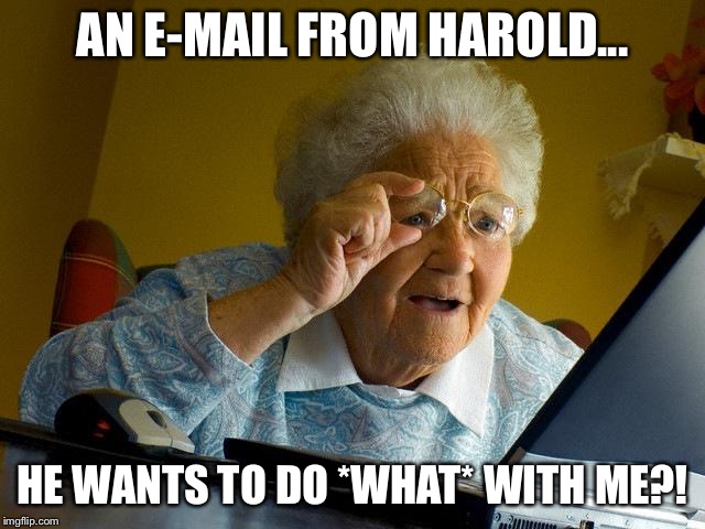 Grandma Finds The Internet Meme | AN E-MAIL FROM HAROLD... HE WANTS TO DO *WHAT* WITH ME?! | image tagged in memes,grandma finds the internet | made w/ Imgflip meme maker