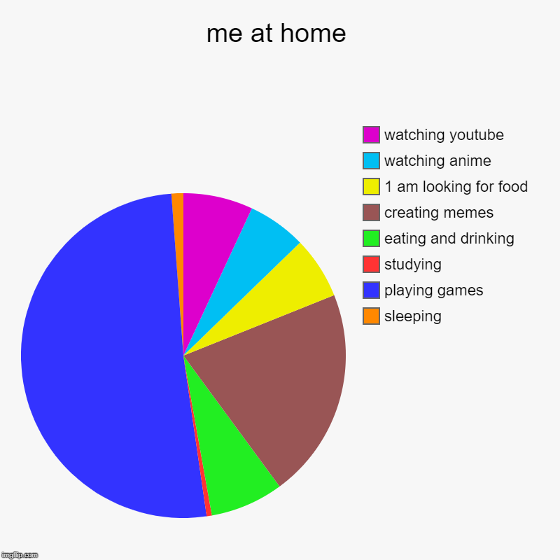 what i do at home | me at home | sleeping, playing games, studying, eating and drinking, creating memes, 1 am looking for food, watching anime, watching youtube | image tagged in charts,pie charts | made w/ Imgflip chart maker
