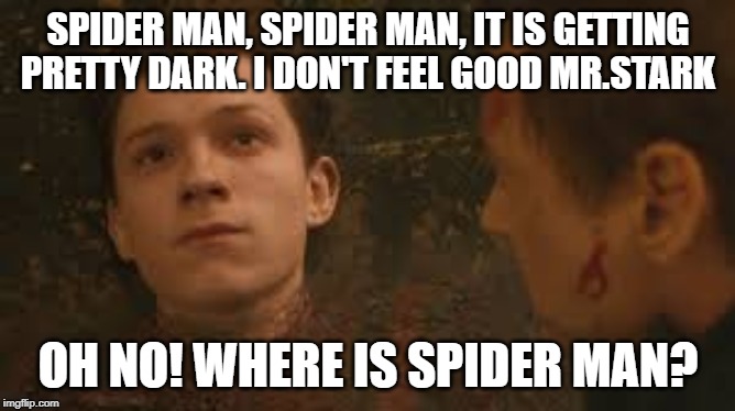 "SNAP" A poem | SPIDER MAN, SPIDER MAN, IT IS GETTING PRETTY DARK. I DON'T FEEL GOOD MR.STARK; OH NO! WHERE IS SPIDER MAN? | image tagged in spider man,dust,iron man | made w/ Imgflip meme maker