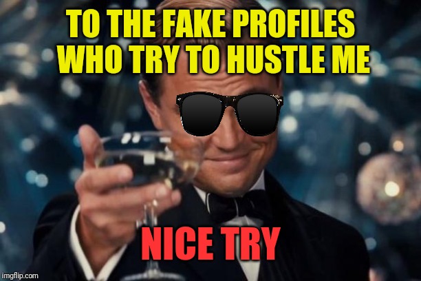 Leonardo Dicaprio Cheers Meme | TO THE FAKE PROFILES WHO TRY TO HUSTLE ME; NICE TRY | image tagged in memes,leonardo dicaprio cheers | made w/ Imgflip meme maker