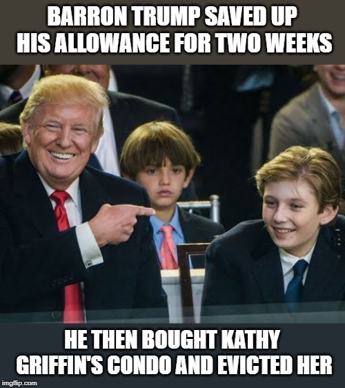 BARRON TRUMP SAVED UP HIS ALLOWANCE FOR TWO WEEKS; HE THEN BOUGHT KATHY GRIFFIN'S CONDO AND EVICTED HER | image tagged in barron trump | made w/ Imgflip meme maker