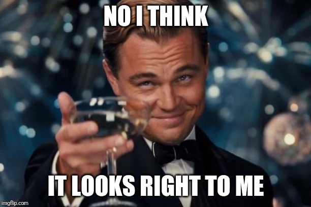 NO I THINK IT LOOKS RIGHT TO ME | image tagged in memes,leonardo dicaprio cheers | made w/ Imgflip meme maker