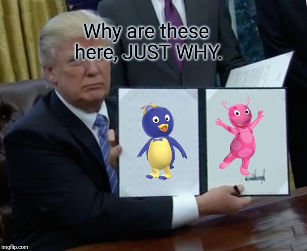 Trump Bill Signing Meme | Why are these here, JUST WHY. | image tagged in memes,trump bill signing | made w/ Imgflip meme maker