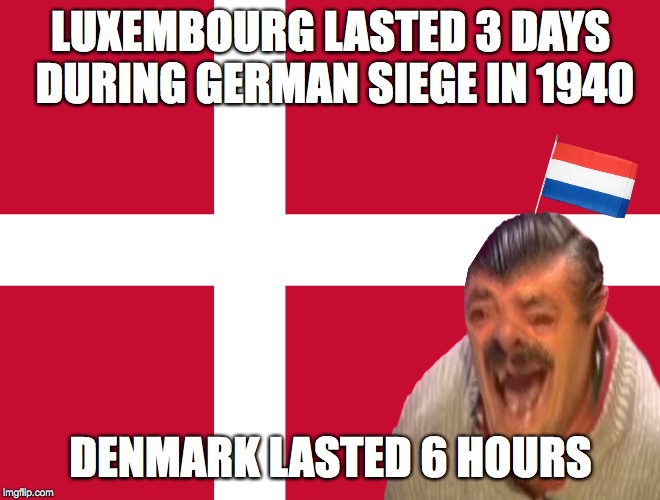 luxembourg>denmark | LUXEMBOURG LASTED 3 DAYS DURING GERMAN SIEGE IN 1940; DENMARK LASTED 6 HOURS | image tagged in geography,ww2 | made w/ Imgflip meme maker