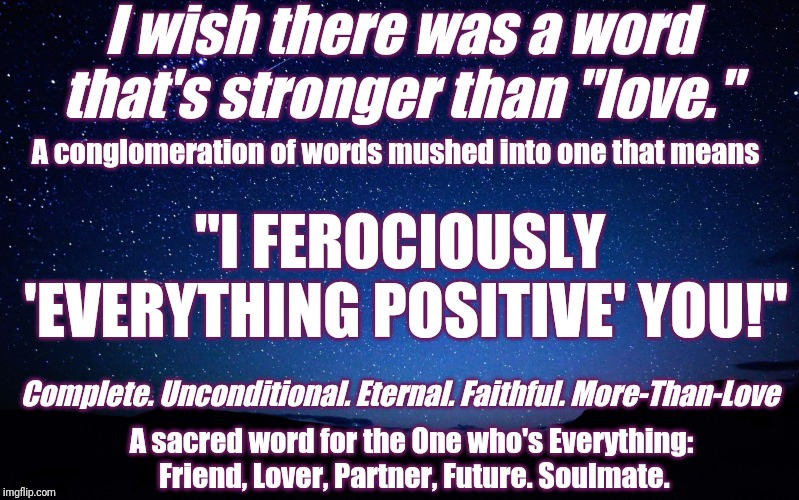 night sky | I wish there was a word that's stronger than "love."; A conglomeration of words mushed into one that means; "I FEROCIOUSLY 'EVERYTHING POSITIVE' YOU!"; Complete. Unconditional. Eternal. Faithful. More-Than-Love; A sacred word for the One who's Everything: Friend, Lover, Partner, Future. Soulmate. | image tagged in night sky | made w/ Imgflip meme maker