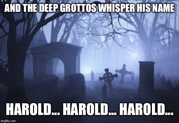 Cemetery | AND THE DEEP GROTTOS WHISPER HIS NAME HAROLD... HAROLD... HAROLD... | image tagged in cemetery | made w/ Imgflip meme maker
