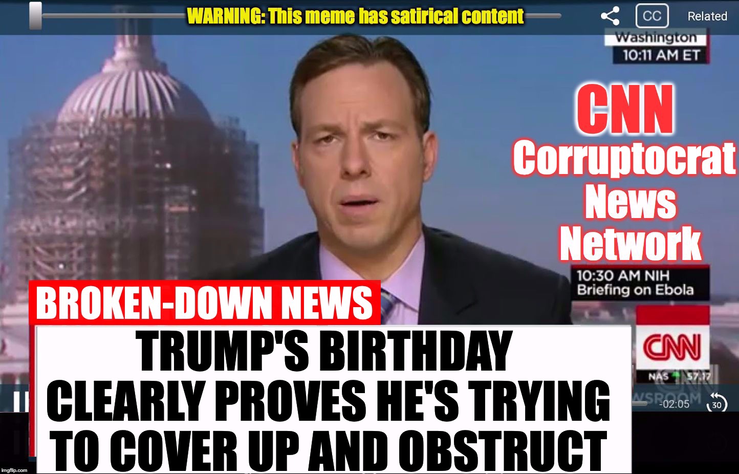 CNN Corruptocrat News Network | TRUMP'S BIRTHDAY CLEARLY PROVES HE'S TRYING TO COVER UP AND OBSTRUCT | image tagged in cnn corruptocrat news network | made w/ Imgflip meme maker