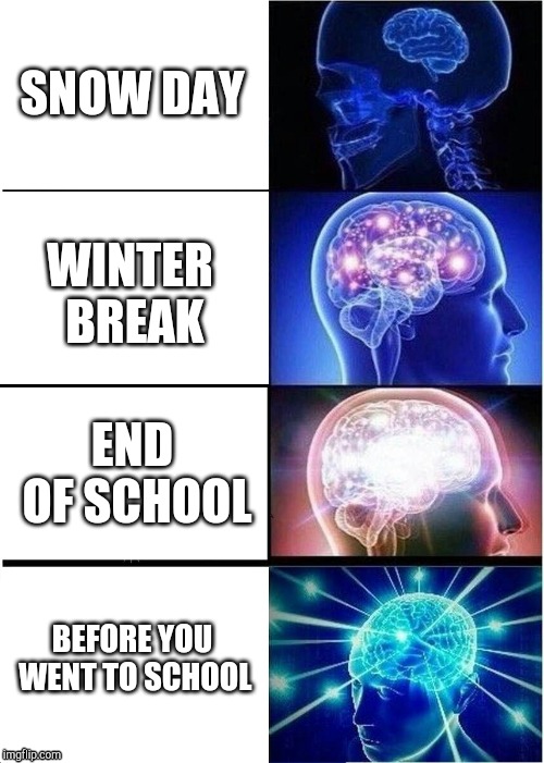 Expanding Brain Meme | SNOW DAY; WINTER BREAK; END OF SCHOOL; BEFORE YOU WENT TO SCHOOL | image tagged in memes,expanding brain | made w/ Imgflip meme maker