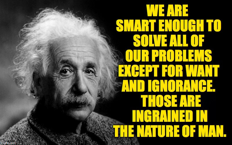 Albert didn't say this, but he could have. | WE ARE SMART ENOUGH TO SOLVE ALL OF OUR PROBLEMS EXCEPT FOR WANT; AND IGNORANCE.  THOSE ARE INGRAINED IN THE NATURE OF MAN. | image tagged in albert einstein,memes,want,ignorance | made w/ Imgflip meme maker