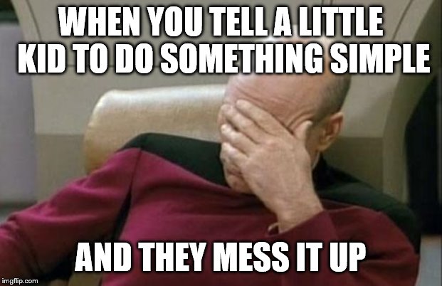 Captain Picard Facepalm | WHEN YOU TELL A LITTLE KID TO DO SOMETHING SIMPLE; AND THEY MESS IT UP | image tagged in memes,captain picard facepalm | made w/ Imgflip meme maker