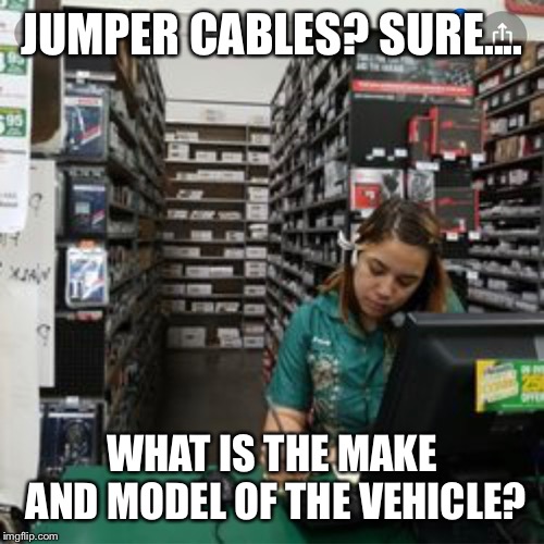 JUMPER CABLES? SURE.... WHAT IS THE MAKE AND MODEL OF THE VEHICLE? | image tagged in jumper cables | made w/ Imgflip meme maker