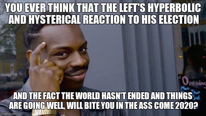 Roll Safe Think About It Meme | YOU EVER THINK THAT THE LEFT'S HYPERBOLIC AND HYSTERICAL REACTION TO HIS ELECTION AND THE FACT THE WORLD HASN'T ENDED AND THINGS ARE GOING W | image tagged in memes,roll safe think about it | made w/ Imgflip meme maker