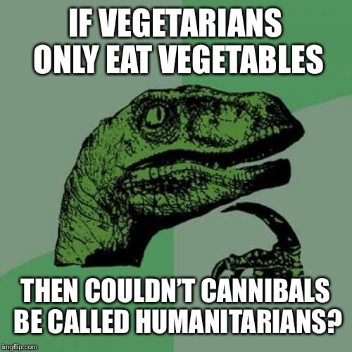 Philosoraptor | IF VEGETARIANS ONLY EAT VEGETABLES; THEN COULDN’T CANNIBALS BE CALLED HUMANITARIANS? | image tagged in memes,philosoraptor | made w/ Imgflip meme maker