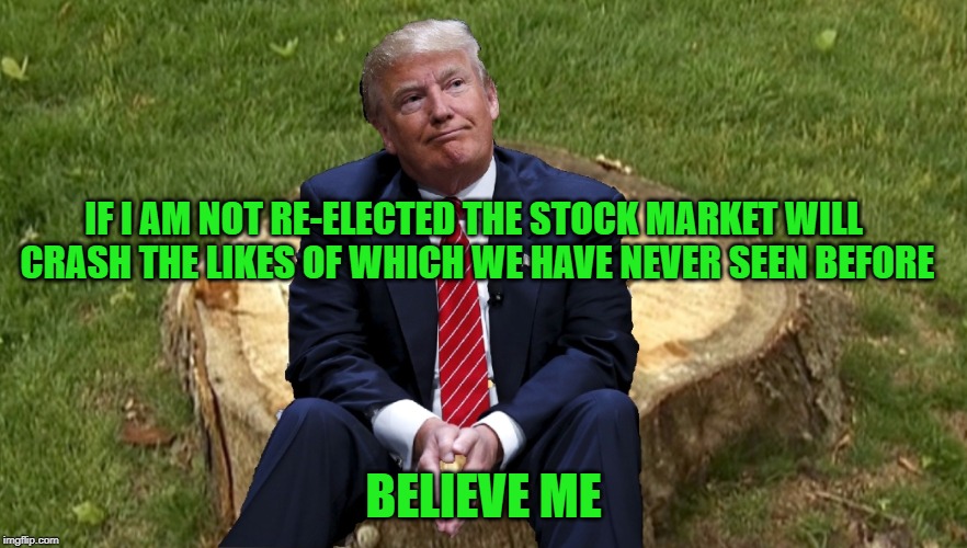 KAG | IF I AM NOT RE-ELECTED THE STOCK MARKET WILL CRASH THE LIKES OF WHICH WE HAVE NEVER SEEN BEFORE; BELIEVE ME | image tagged in trump on a stump | made w/ Imgflip meme maker