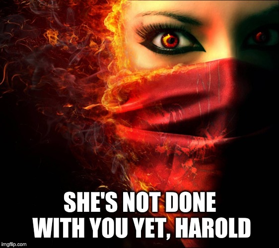 Evil woman | SHE'S NOT DONE WITH YOU YET, HAROLD | image tagged in evil woman | made w/ Imgflip meme maker