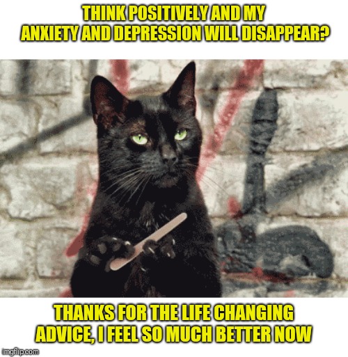 Creepy Condescending Cat | THINK POSITIVELY AND MY ANXIETY AND DEPRESSION WILL DISAPPEAR? THANKS FOR THE LIFE CHANGING ADVICE, I FEEL SO MUCH BETTER NOW | image tagged in useless advice | made w/ Imgflip meme maker