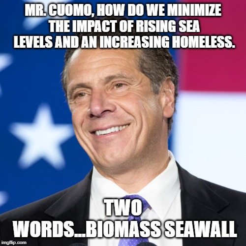 Andrew Cuomo's brilliant plan to combat the homeless problem and rising sea level. | MR. CUOMO, HOW DO WE MINIMIZE THE IMPACT OF RISING SEA LEVELS AND AN INCREASING HOMELESS. TWO WORDS...BIOMASS SEAWALL | image tagged in politics,mocking,global warming,homeless | made w/ Imgflip meme maker
