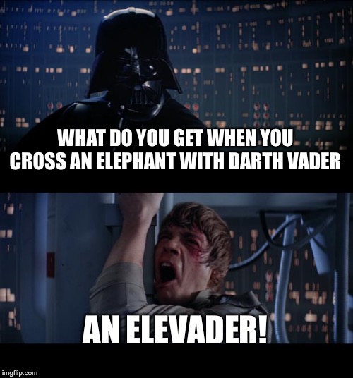 Star Wars No Meme | WHAT DO YOU GET WHEN YOU CROSS AN ELEPHANT WITH DARTH VADER; AN ELEVADER! | image tagged in memes,star wars no | made w/ Imgflip meme maker
