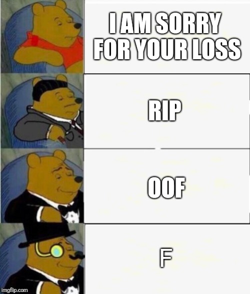 Tuxedo Winnie the Pooh 4 panel | I AM SORRY FOR YOUR LOSS; RIP; OOF; F | image tagged in tuxedo winnie the pooh 4 panel | made w/ Imgflip meme maker