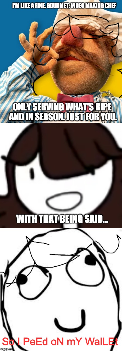 I'M LIKE A FINE, GOURMET, VIDEO MAKING CHEF; ONLY SERVING WHAT'S RIPE AND IN SEASON. JUST FOR YOU. WITH THAT BEING SAID... So I PeEd oN mY WalLEt | image tagged in memes,derp,swedish chef,suprised jaidenanimations | made w/ Imgflip meme maker