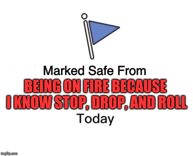Marked Safe From | BEING ON FIRE BECAUSE I KNOW STOP, DROP, AND ROLL | image tagged in memes,marked safe from | made w/ Imgflip meme maker