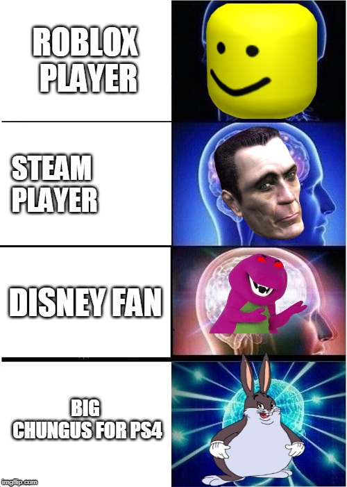 GAMING PLAYER | ROBLOX PLAYER; STEAM PLAYER; DISNEY FAN; BIG CHUNGUS FOR PS4 | image tagged in memes,expanding brain,fucking meme,gay | made w/ Imgflip meme maker