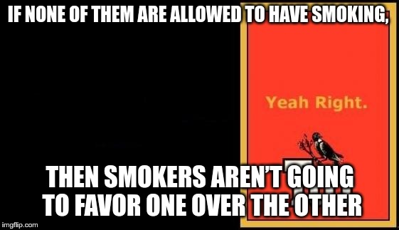 Tui | IF NONE OF THEM ARE ALLOWED TO HAVE SMOKING, THEN SMOKERS AREN’T GOING TO FAVOR ONE OVER THE OTHER | image tagged in tui | made w/ Imgflip meme maker